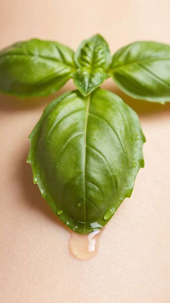 Closeup of a single basil leaf brushing against skin to release oils