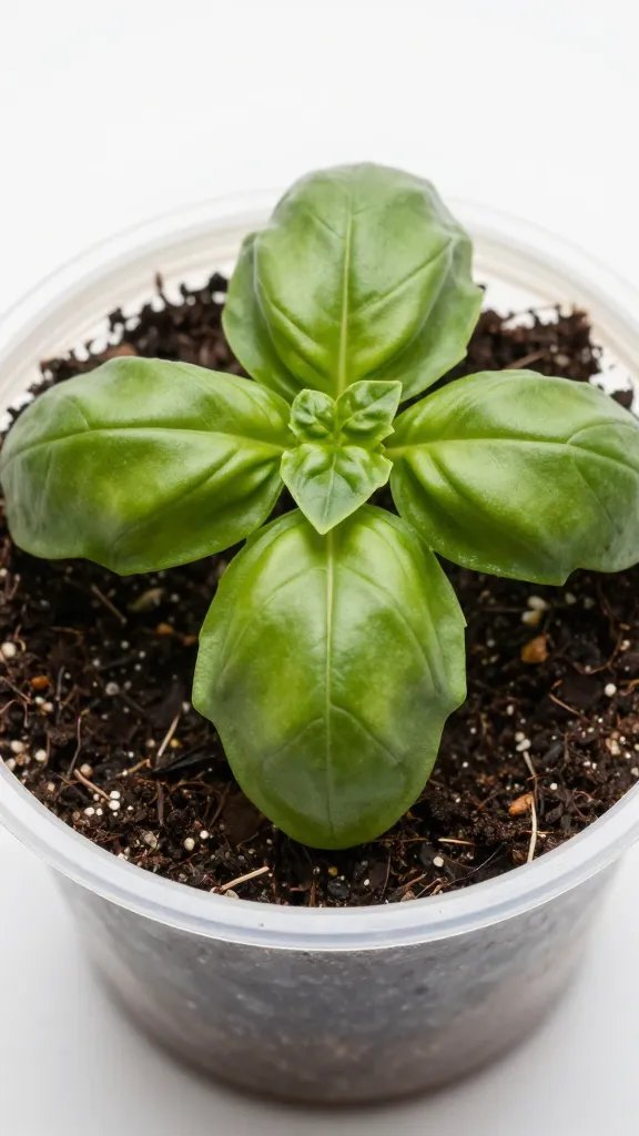 Closeup of a single basil container with moist soil and healthy sprout