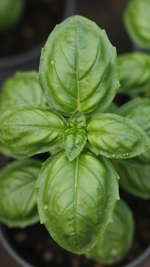 Closeup of a single basil leaf pair showing prominent veining