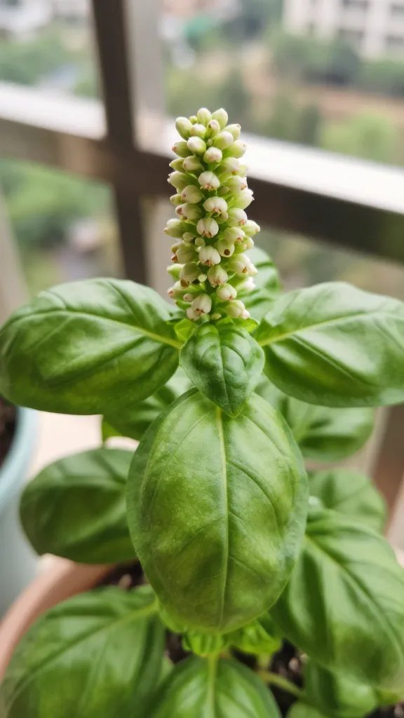 Closeup of a single basil plant highlighting flowering top on balcony