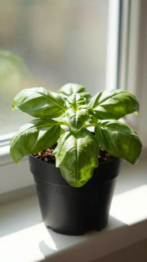 Closeup of a single basil container placed on windowsill with sunlight