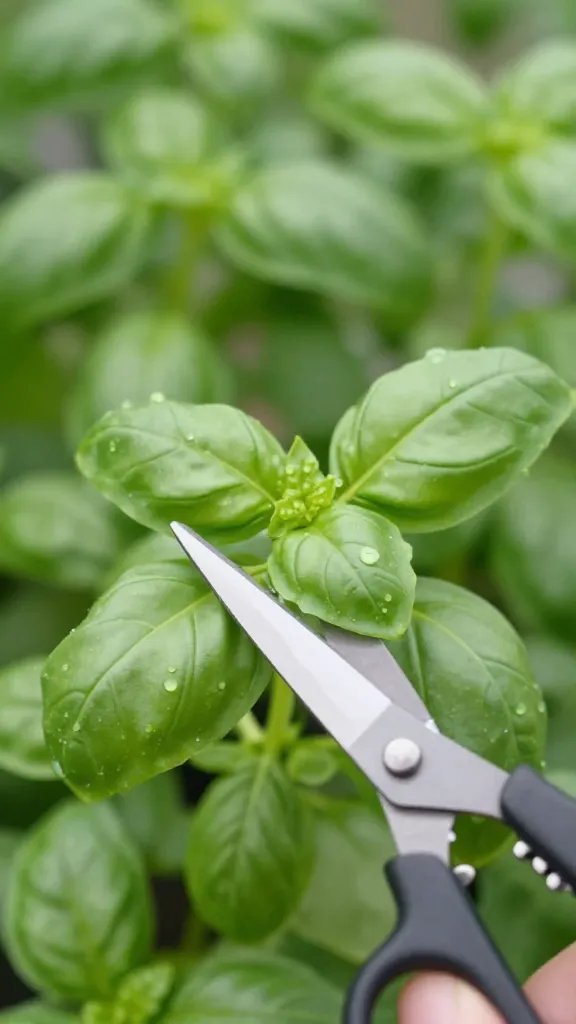 Closeup of a single basil leaf being harvested with clean scissors