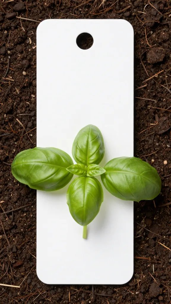 Closeup of a single basil plant label in front of soil texture detail