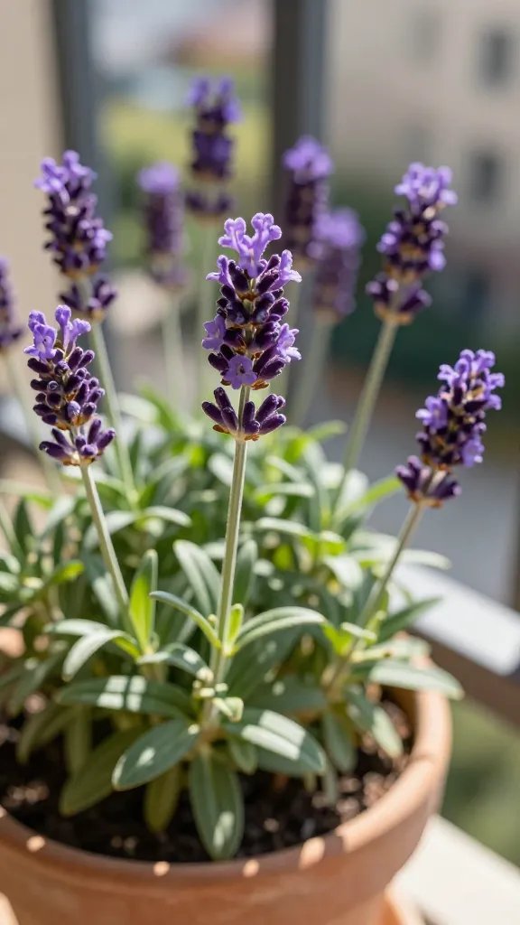 Closeup lavender blossom on a sunny balcony pot