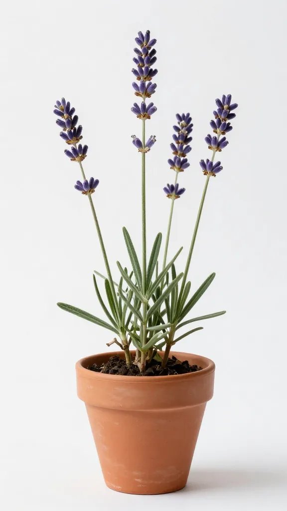 Single lavender stem cluster in terracotta pot