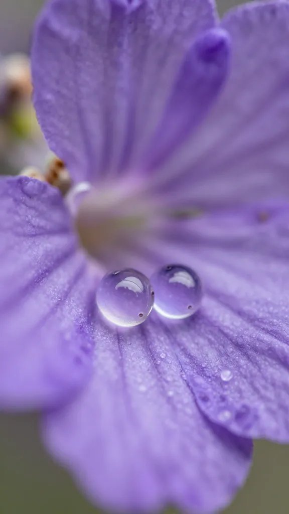 Macro of lavender essential oil droplets on petals