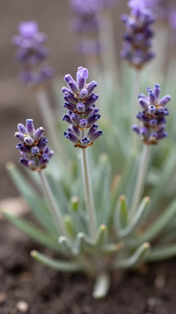 Closeup lavender buds with dew on soil edge