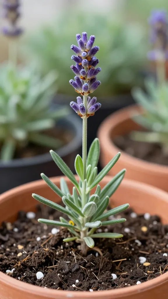 Single lavender plant in well-draining potting mix