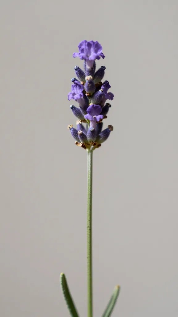 Isolated lavender bloom against plain neutral background