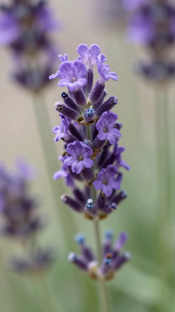 Closeup of purple lavender florets with pollinator shadows