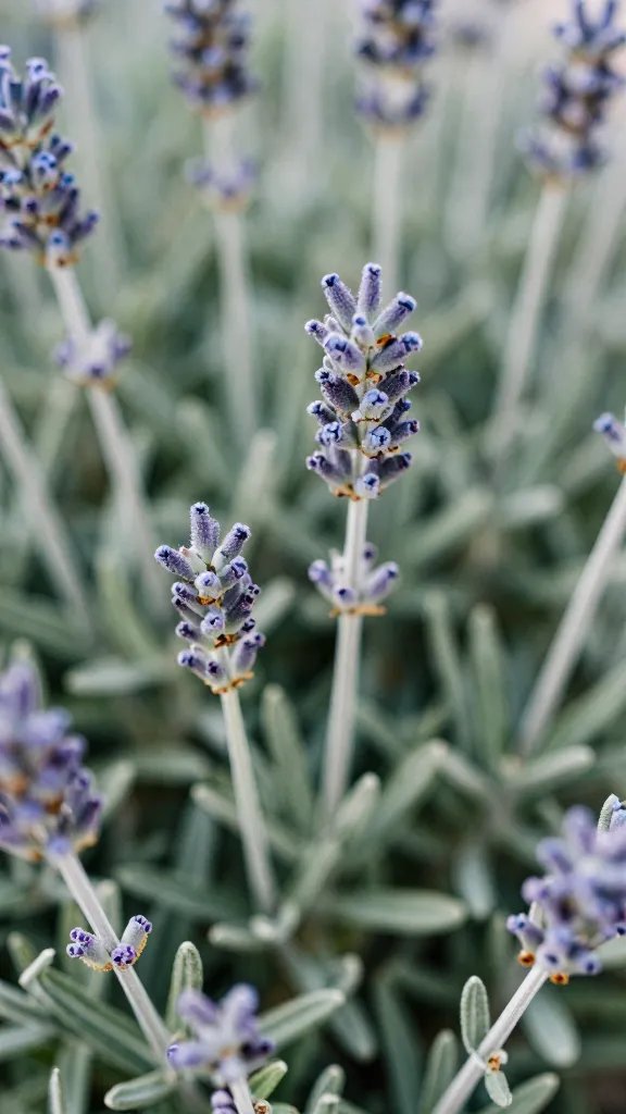Closeup of lavender leaves and silvery stems