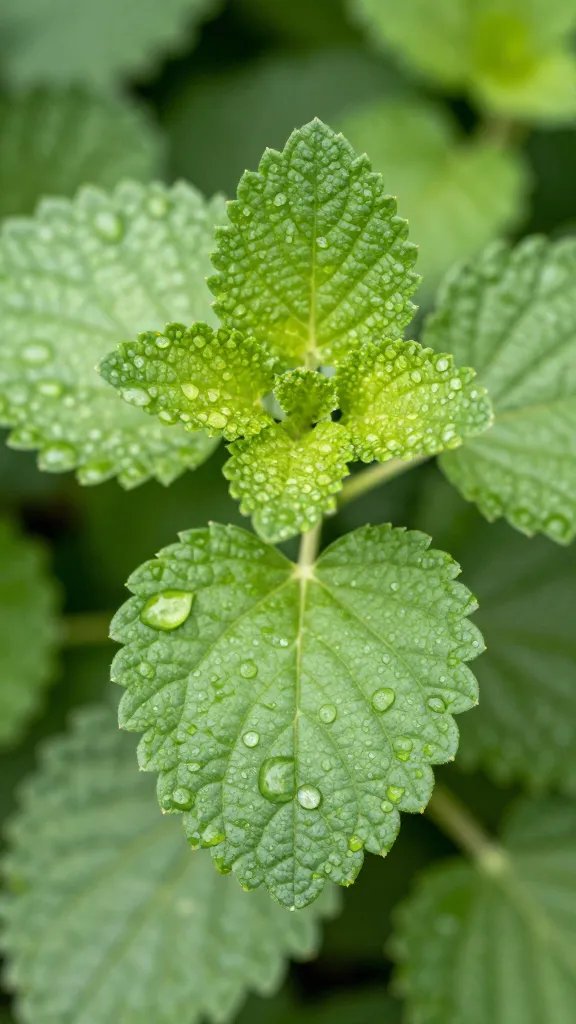 Close-up of lemon balm leaf with dew droplets