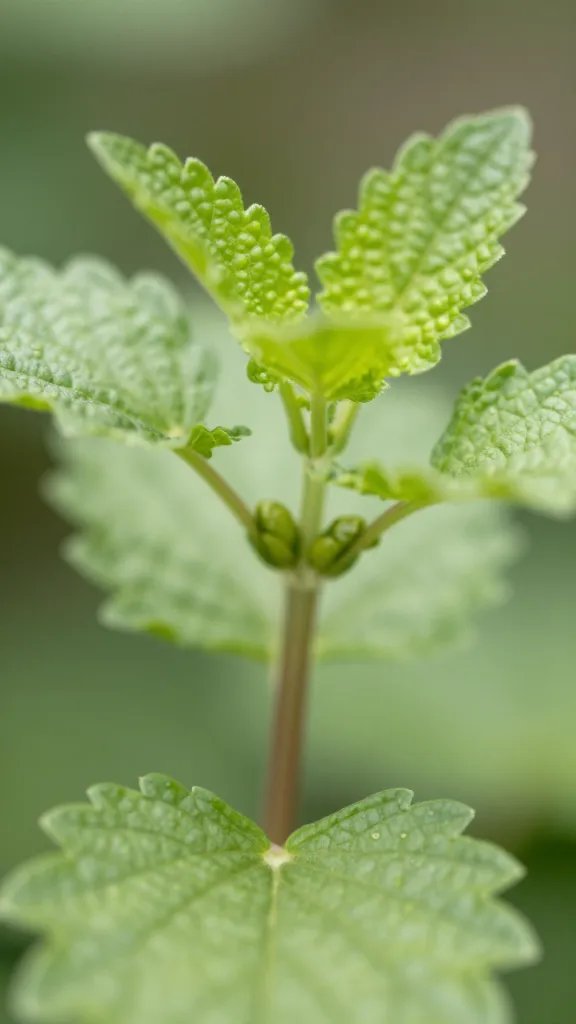 Macro shot of lemon balm stem and node system