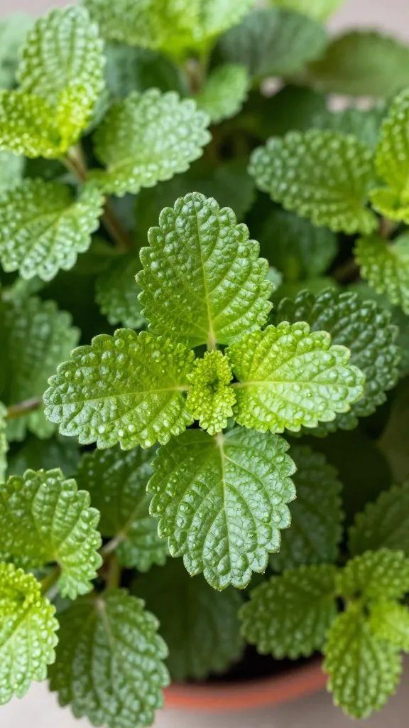 Close-up of glossy lemon balm leaves in pot edge