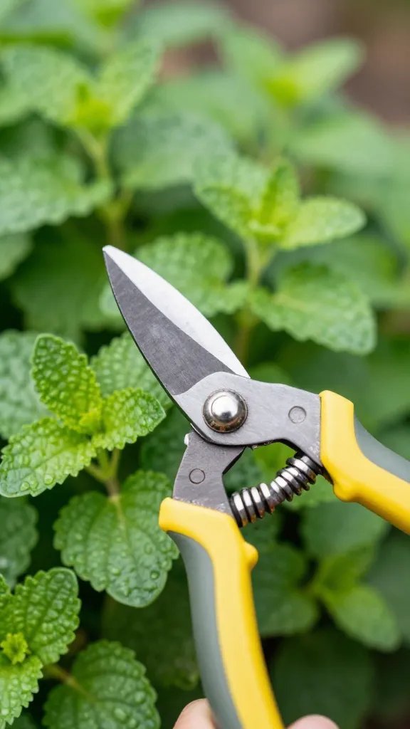 Focused shot of pruning shears trimming lemon balm bush