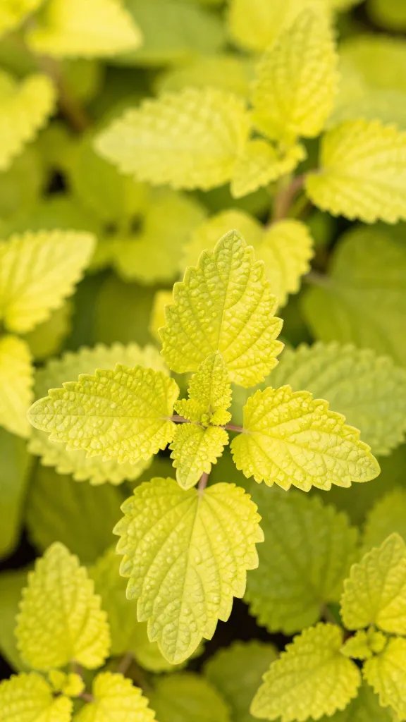 Close-up of bright yellow-green lemon balm foliage