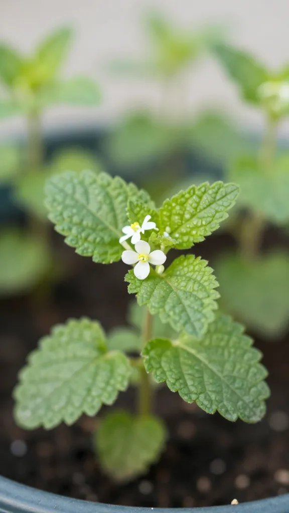 Macro of lemon balm flowers emerging in container
