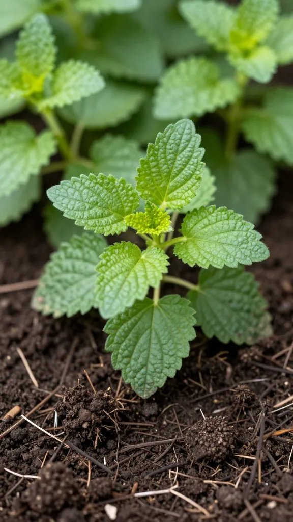 Close-up of soil surface around lemon balm base