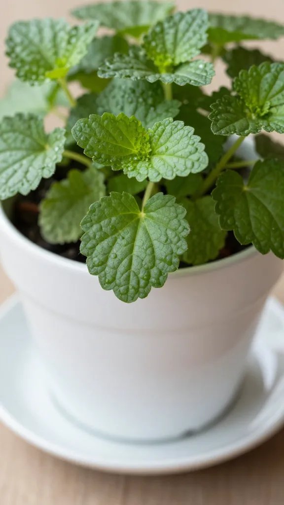 Detail shot of container saucer beneath lemon balm pot