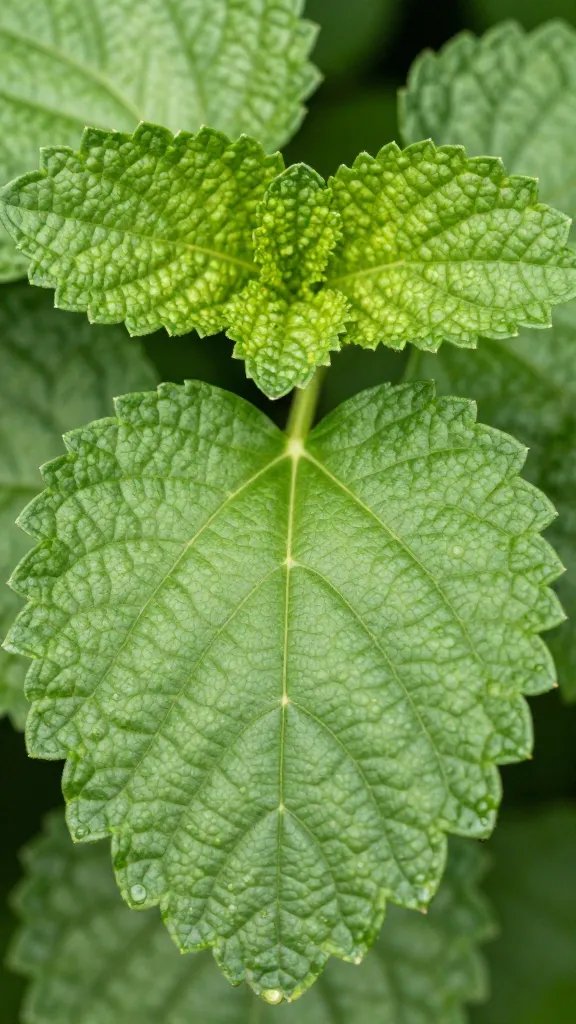 Close-up of lemon balm leaf venation and texture