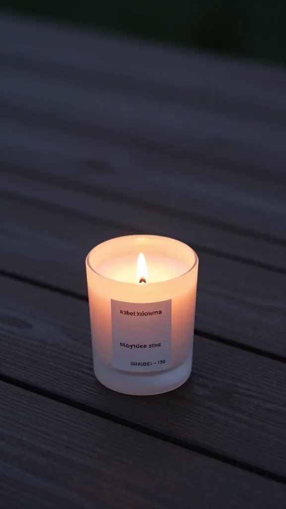 Single citronella candle on wooden deck at dusk