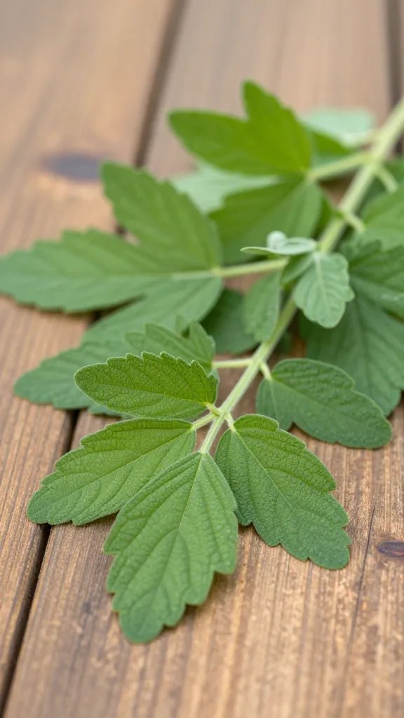 Closeup of catnip leaves on a wooden garden table