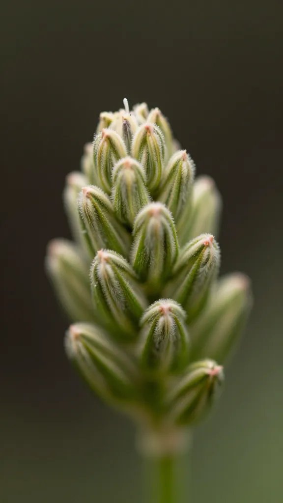 Macro shot of catnip flower bud against dark background
