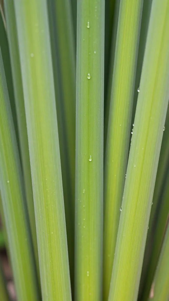 Closeup of citronella plant stalks with dew drops