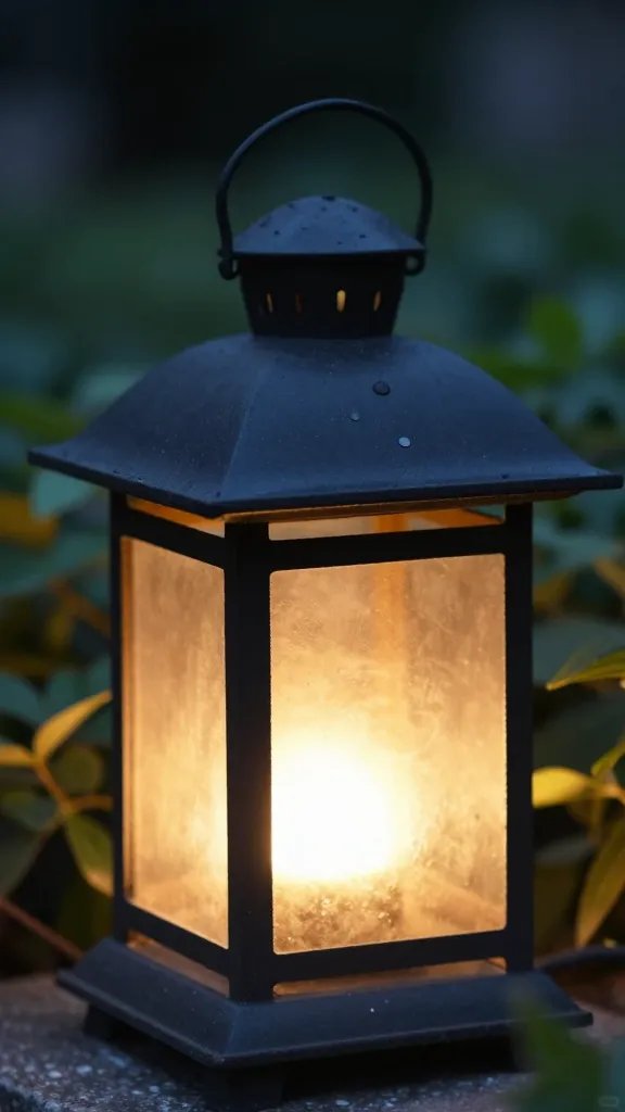 Closeup of outdoor lantern glow in evening garden