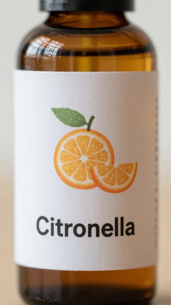 Macro shot of citrus-scented citronella oil bottle label