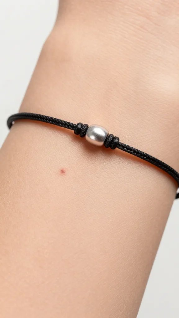 Extreme closeup of mosquito bite protection bracelet on skin