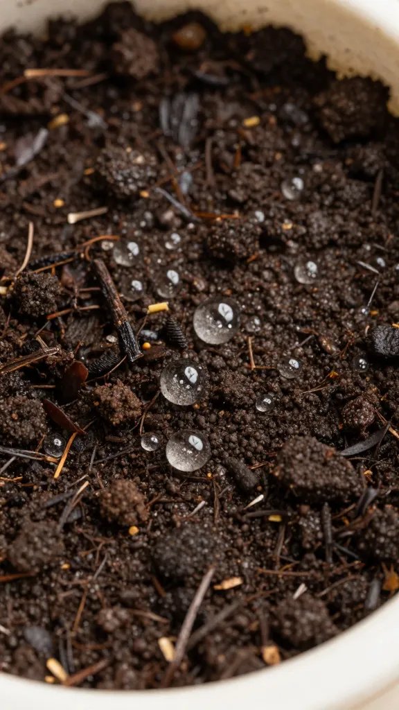 Closeup of moisture droplets on planter soil surface