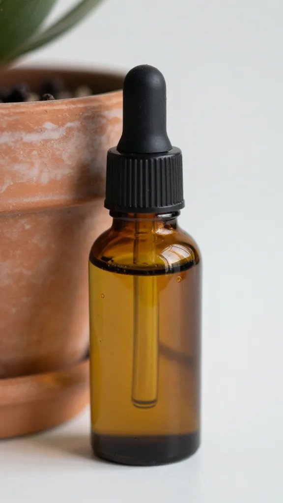 Closeup of a single citrus-scented oil bottle beside planter