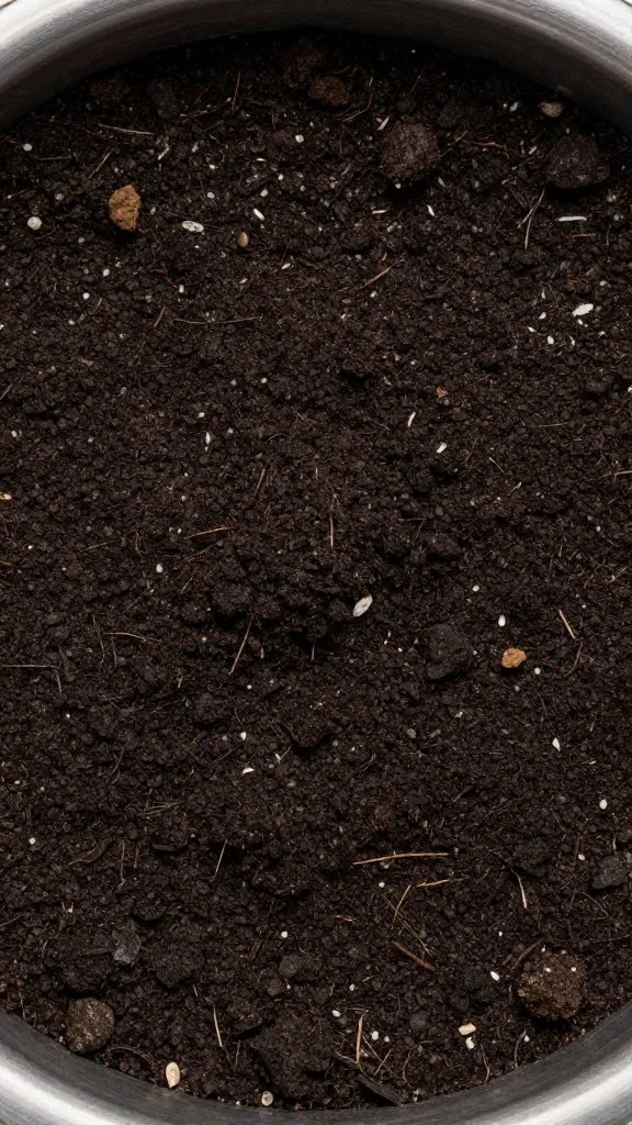 Closeup of a single dark soil mix texture in planter