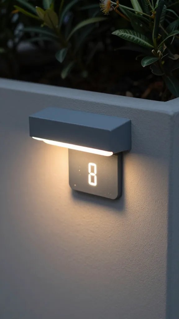 Closeup of a single timer indicator on outdoor lighting near planter