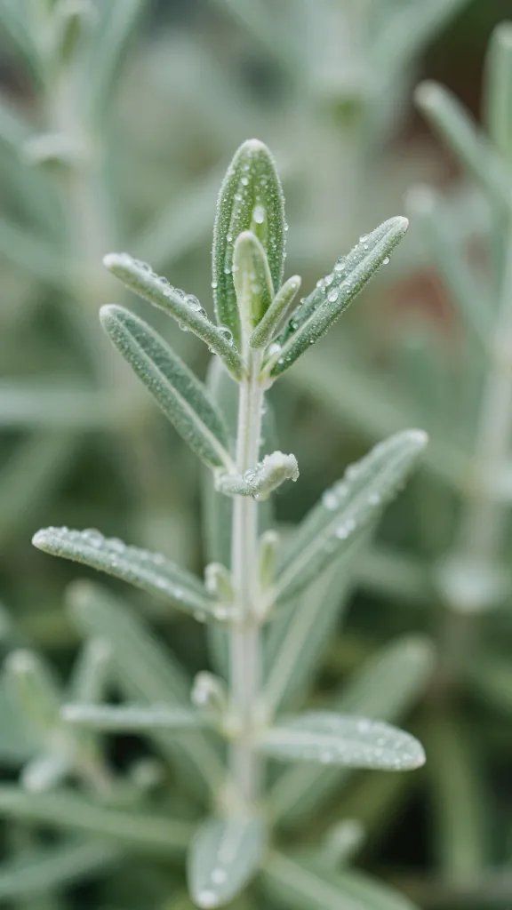 closeup of lavender plant leaves with dew drops on stem