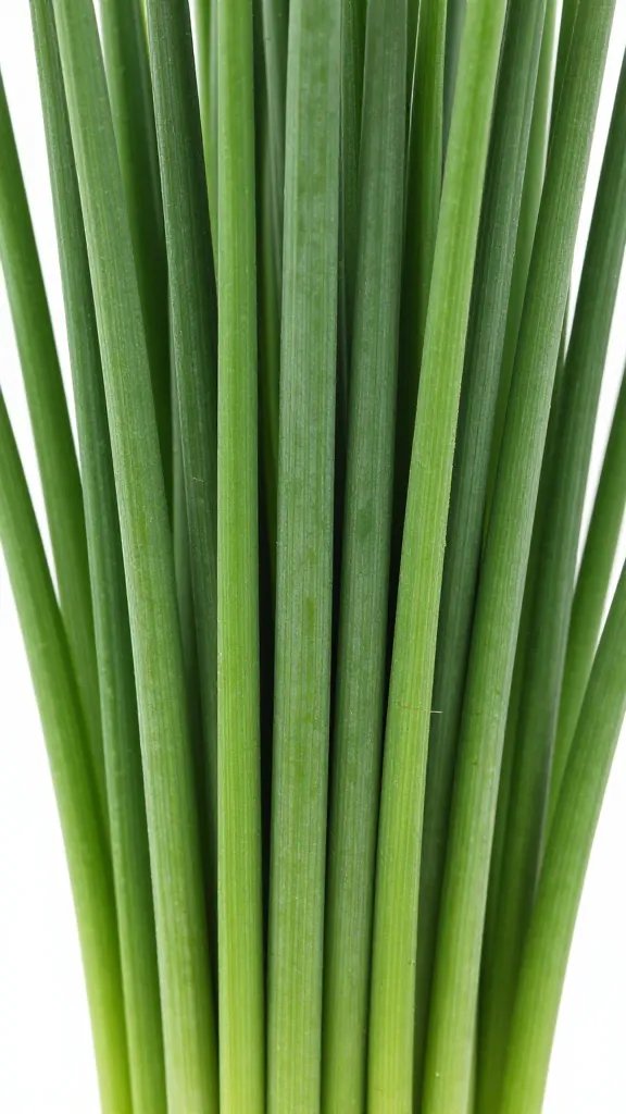 closeup of garlic chives upright with narrow blade-like leaves