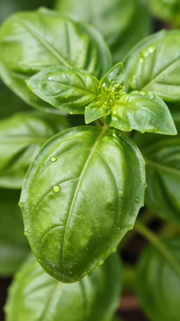 closeup of basil leaf surface showing essential oils sheen