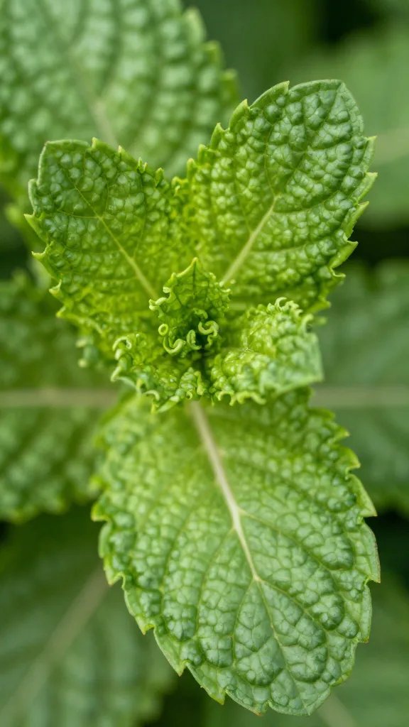 macro of mint leaves curling textured surface detail