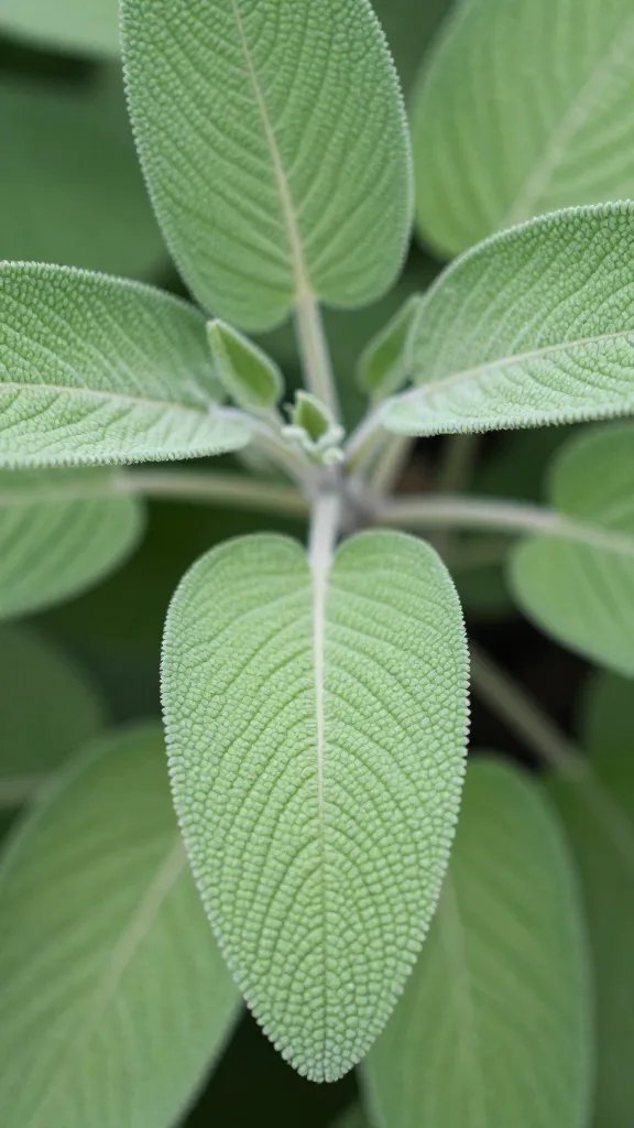 closeup of sage leaves with subtle fuzz and vein pattern