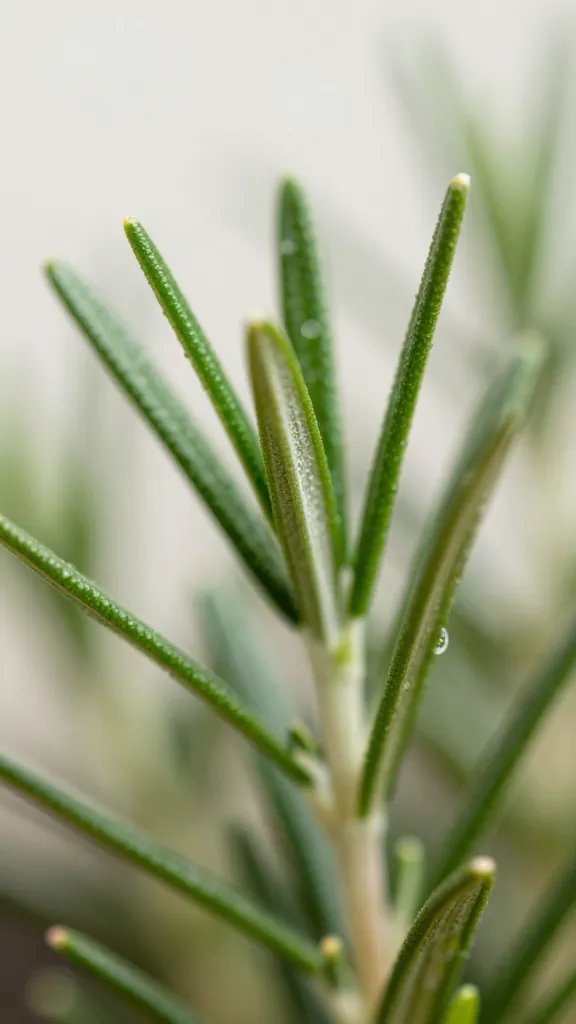 macro shot of rosemary needles in focused foreground