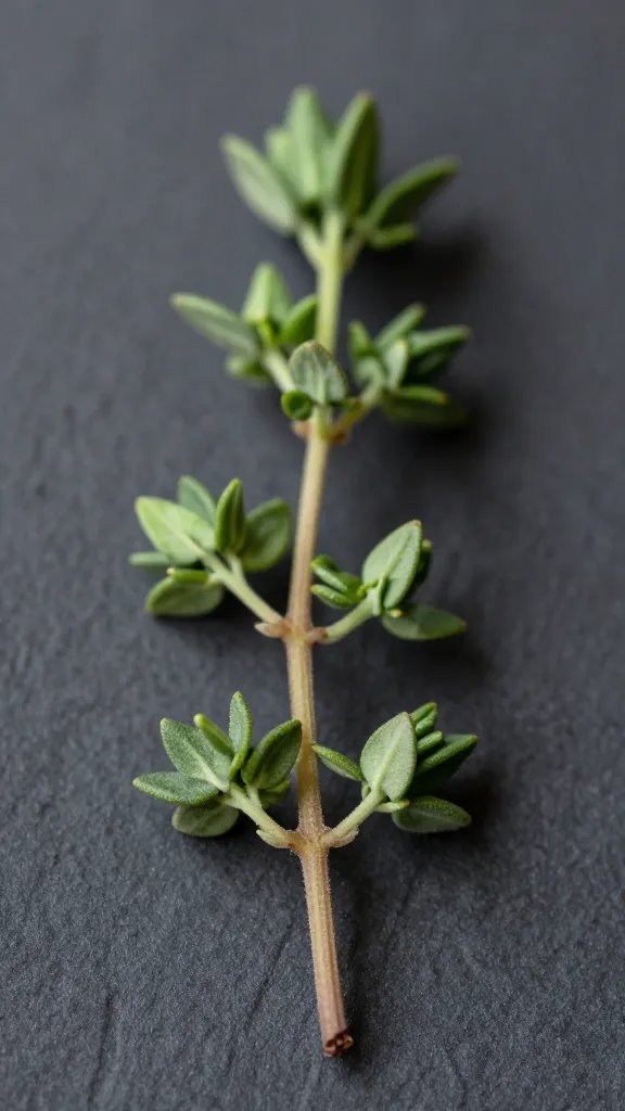 macro of thyme sprig against dark background texture