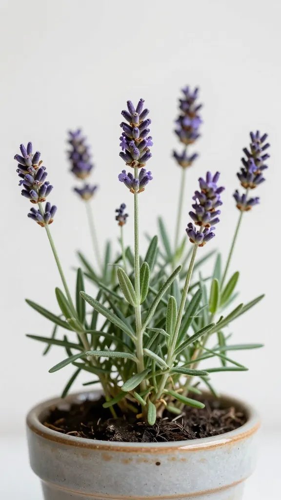 Closeup of a single lavender plant in a ceramic pot