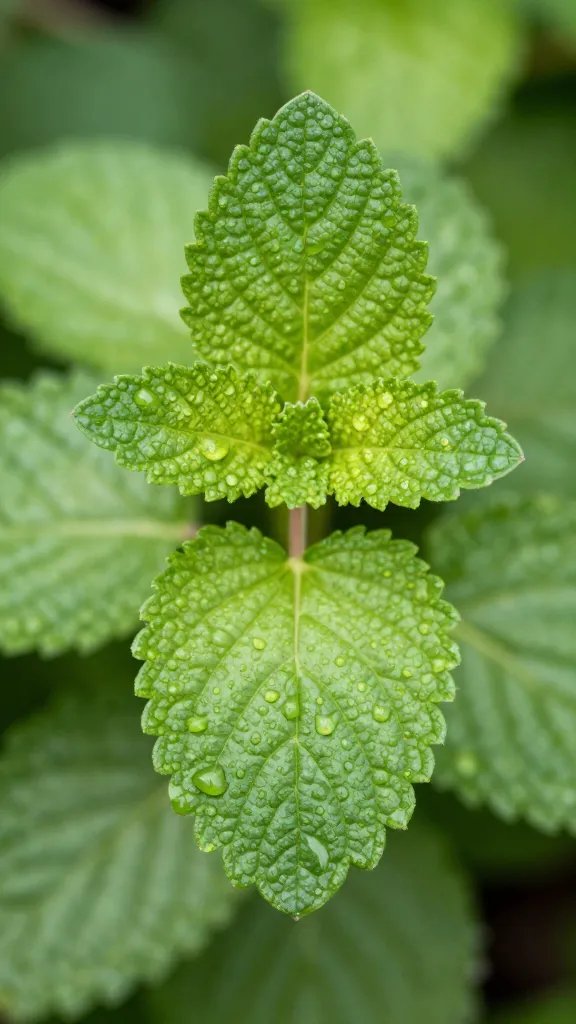 Closeup of a single lemon balm leaf with dew