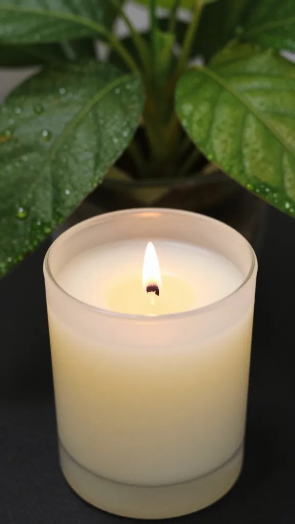 Closeup of a single citronella candle beside a plant