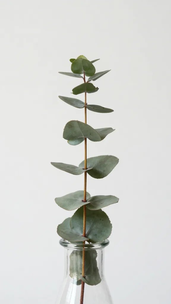 Closeup of a single eucalyptus sprig in a glass vase