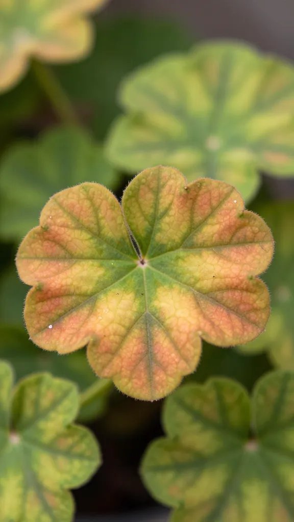 Closeup of a single geranium leaf with color