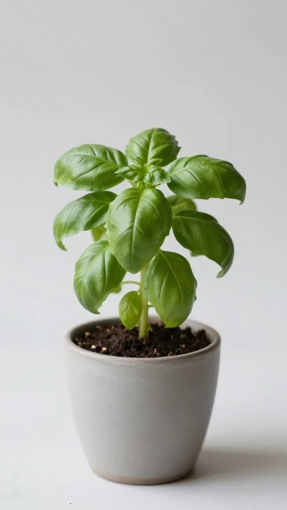 Focused shot of a single basil plant in a minimalist pot