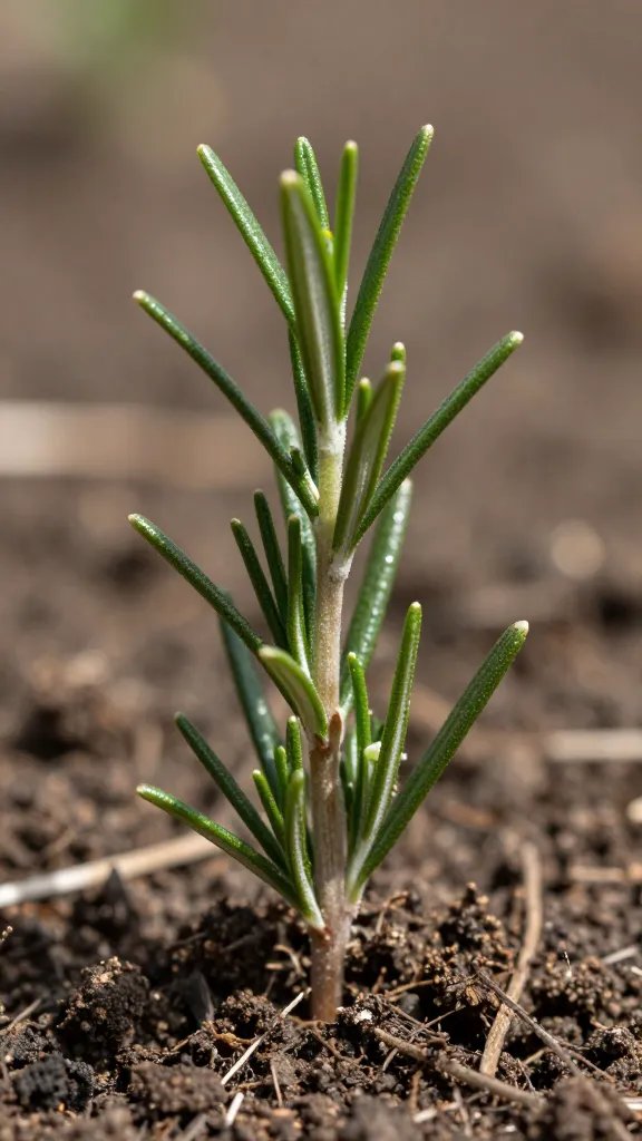 Closeup of rosemary sprig emerging from soil