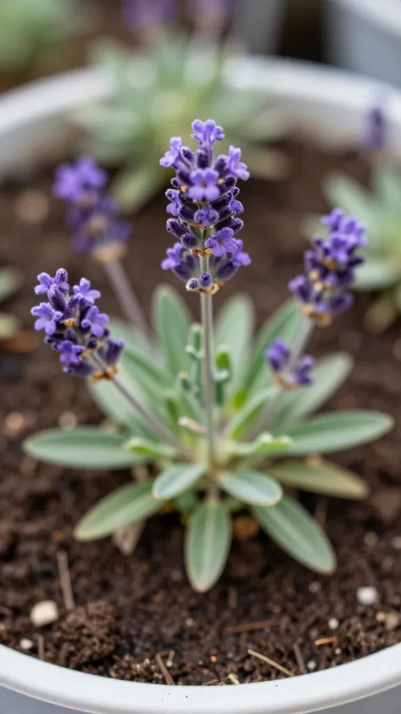 Closeup of lavender bloom atop container soil